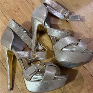bebe Shimmering Silver Platform Heels